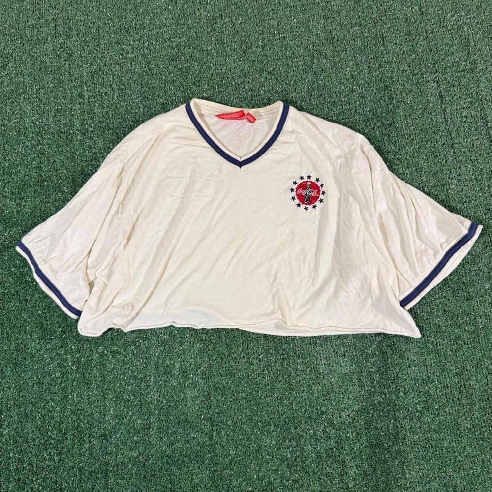 Vintage Coca-Cola Brand V-Neck T-Shirt Off White Navy Trim Logo 26W/28W 0280